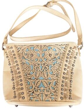 Shyanne Cream Floral Tooled Studded Crossbody Bag with Turquoise Accents Western
